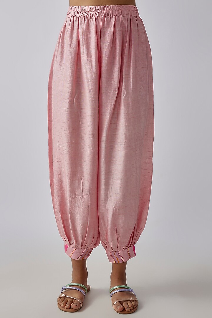 Pink Silk Digital Printed & Mirror Embroidered Kurta Set by Ne'Chi at Pernia's Pop Up Shop