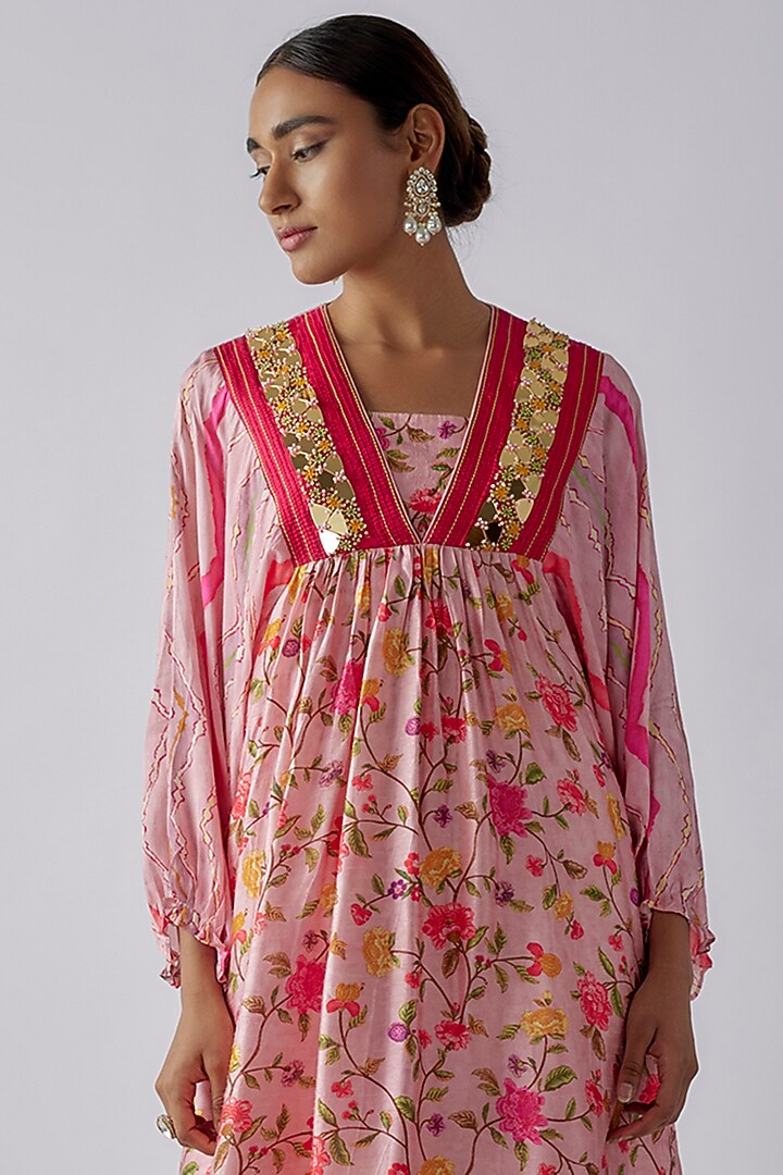 Pink Silk Digital Printed & Mirror Embroidered Kurta Set by Ne'Chi at Pernia's Pop Up Shop