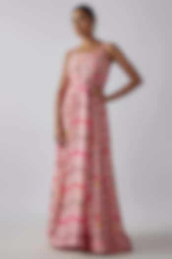 Pink Silk Digital Printed & Mirror Embroidered Kalidar Gown by Ne'Chi
