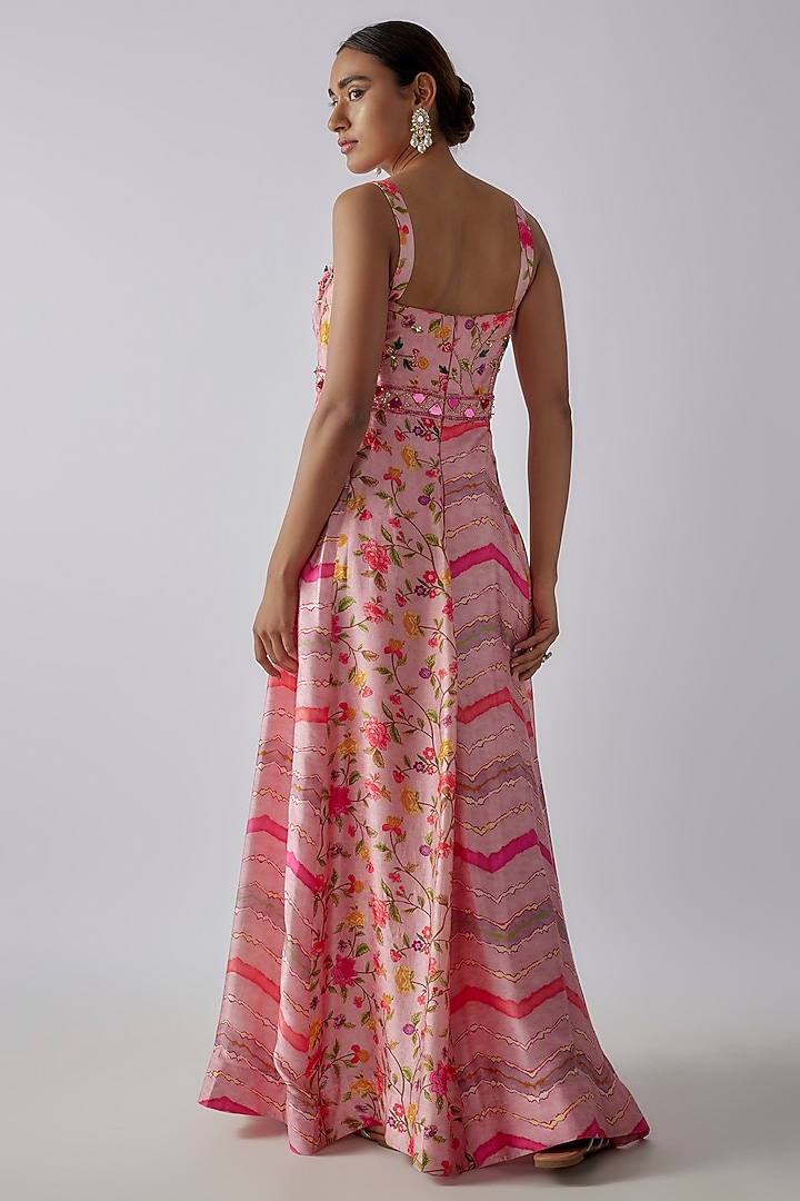 Pink Silk Digital Printed & Mirror Embroidered Kalidar Gown by Ne'Chi at Pernia's Pop Up Shop