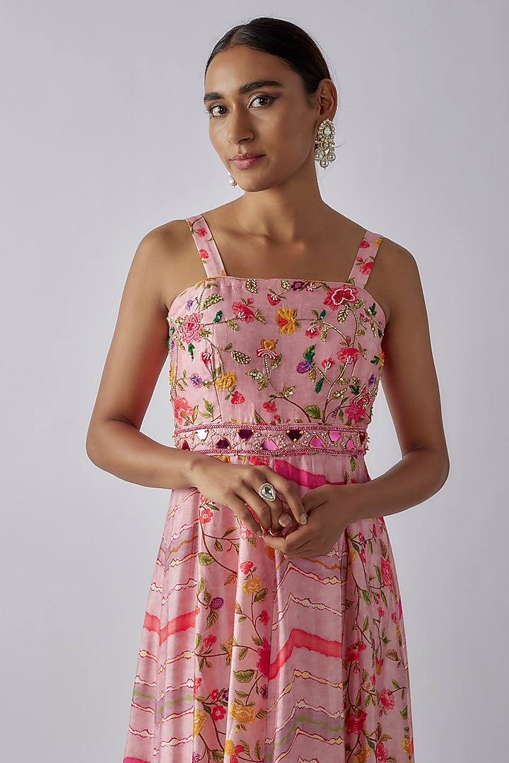 Pink Silk Digital Printed & Mirror Embroidered Kalidar Gown by Ne'Chi at Pernia's Pop Up Shop