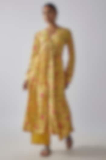 Yellow Silk Digital Printed & Mirror Embroidered Kurta Set by Ne'Chi