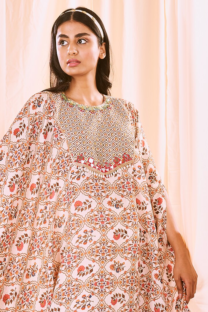 Peach Printed & Embroidered Kaftan Set by NE'CHI at Pernia's Pop Up Shop