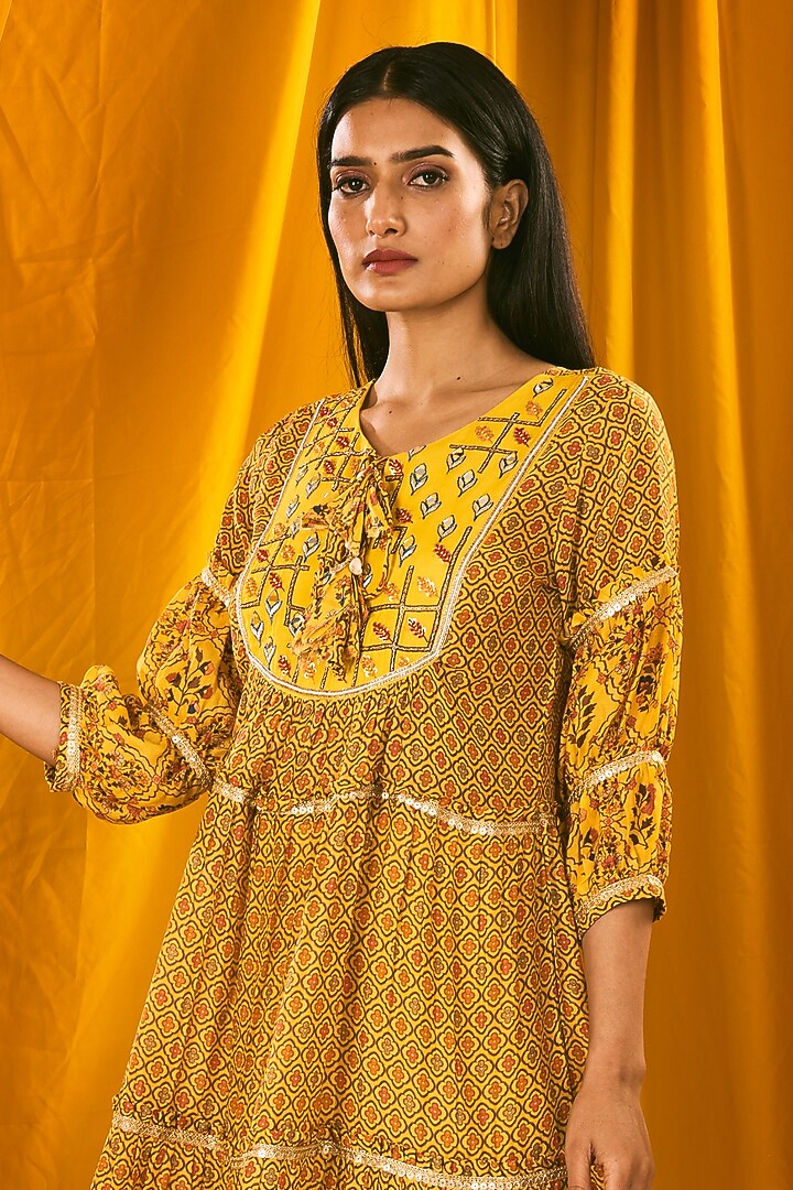 Yellow Silk Organza Embroidered Maxi Kurta Set by NE'CHI at Pernia's Pop Up Shop