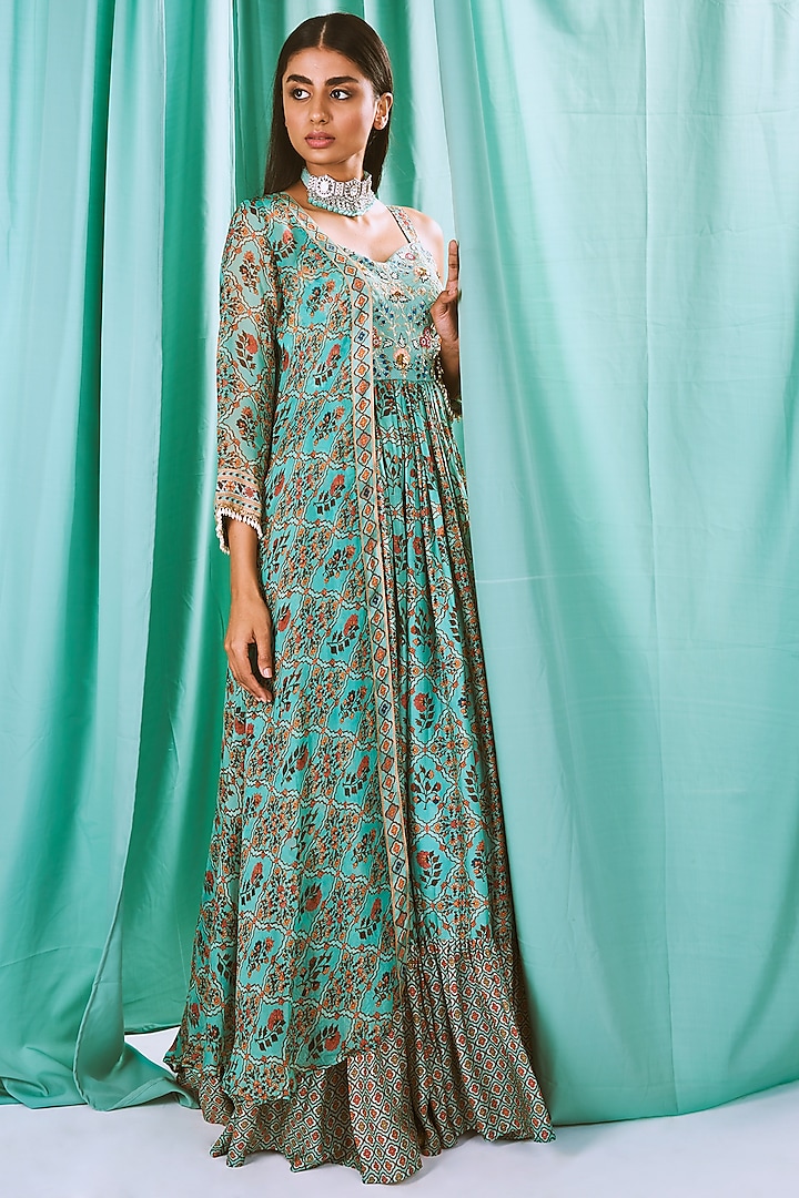 Blue Silk Organza Embroidered Maxi Dress With Cape by NE'CHI