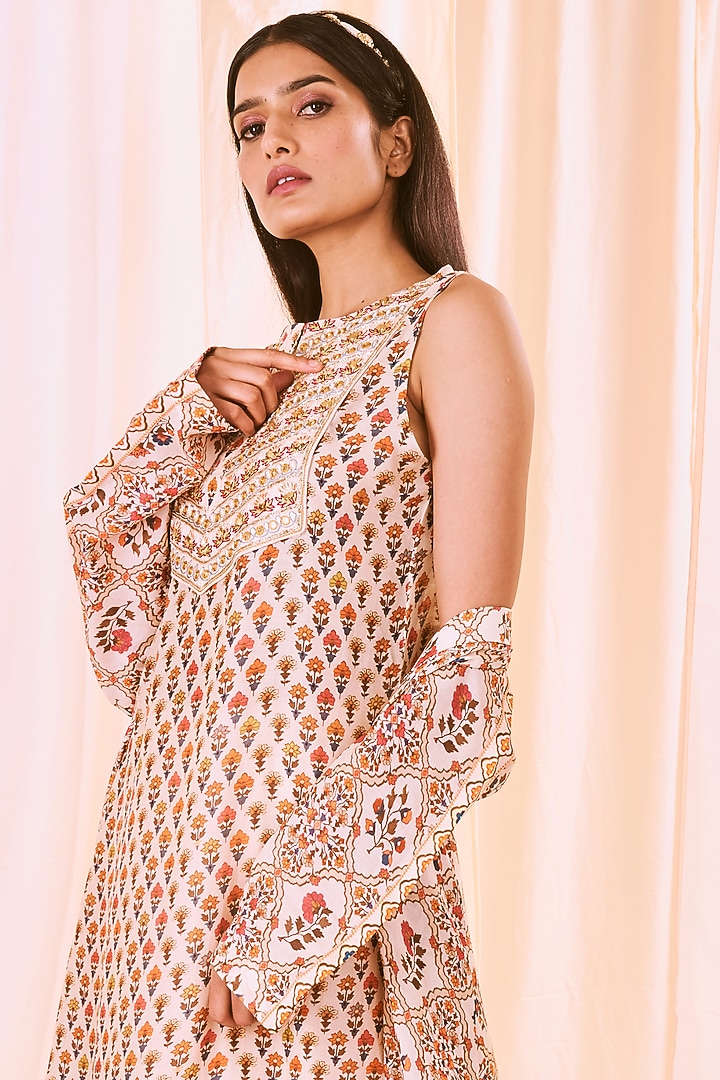 Peach Printed Kurta Set With Jacket by NE'CHI at Pernia's Pop Up Shop