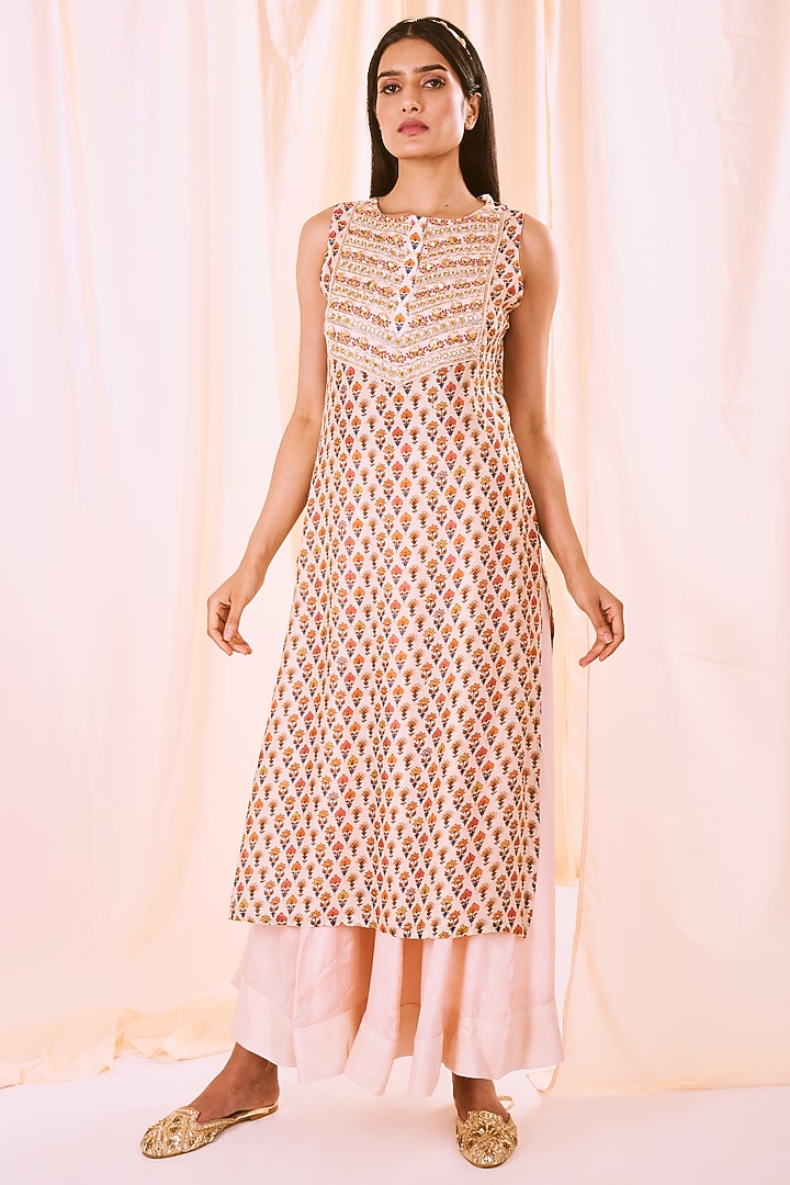 Peach Printed Kurta Set With Jacket by NE'CHI at Pernia's Pop Up Shop