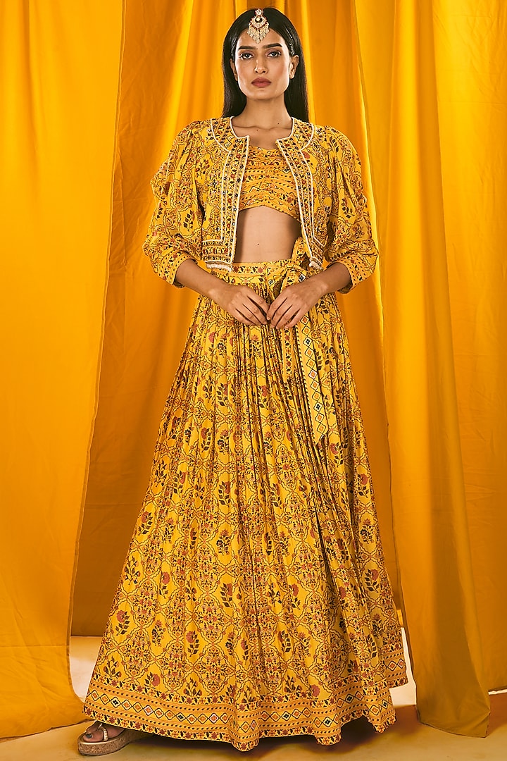 Yellow Embroidered Skirt Set by NE'CHI