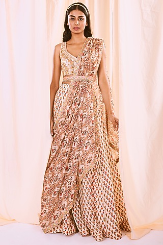 Peach Printed Lehenga Set by NE'CHI