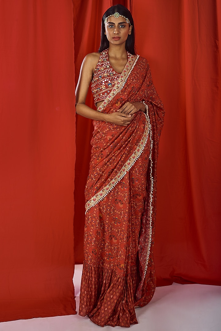 Red Printed Saree Set by NE'CHI