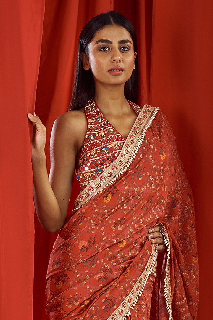 Red Printed Wedding Saree Set by NE'CHI at Pernia's Pop Up Shop