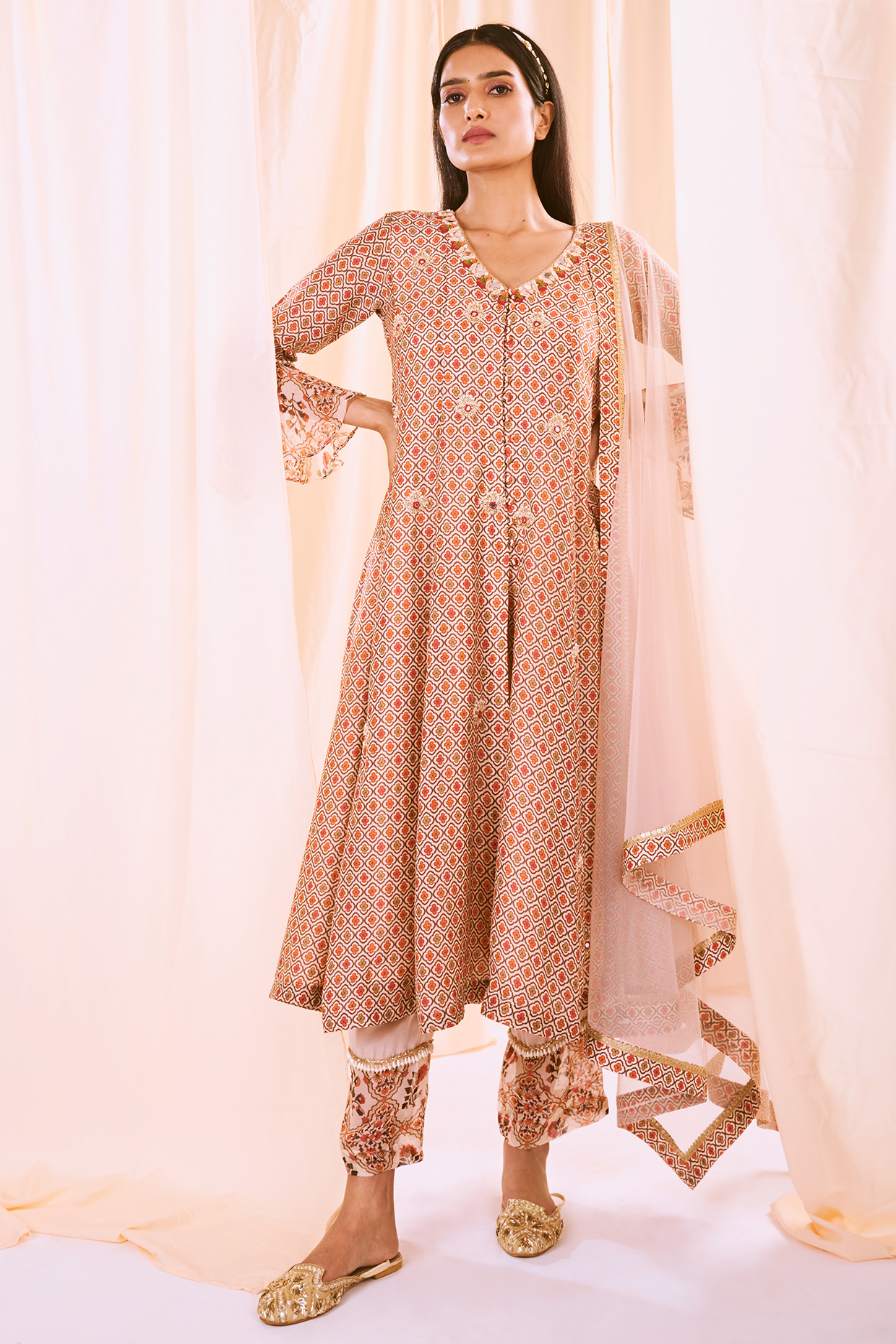 Peach Printed & Embroidered Kurta Set by NE'CHI