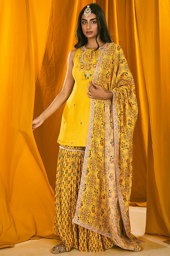Yellow Silk Organza Printed Sharara Set by NE'CHI