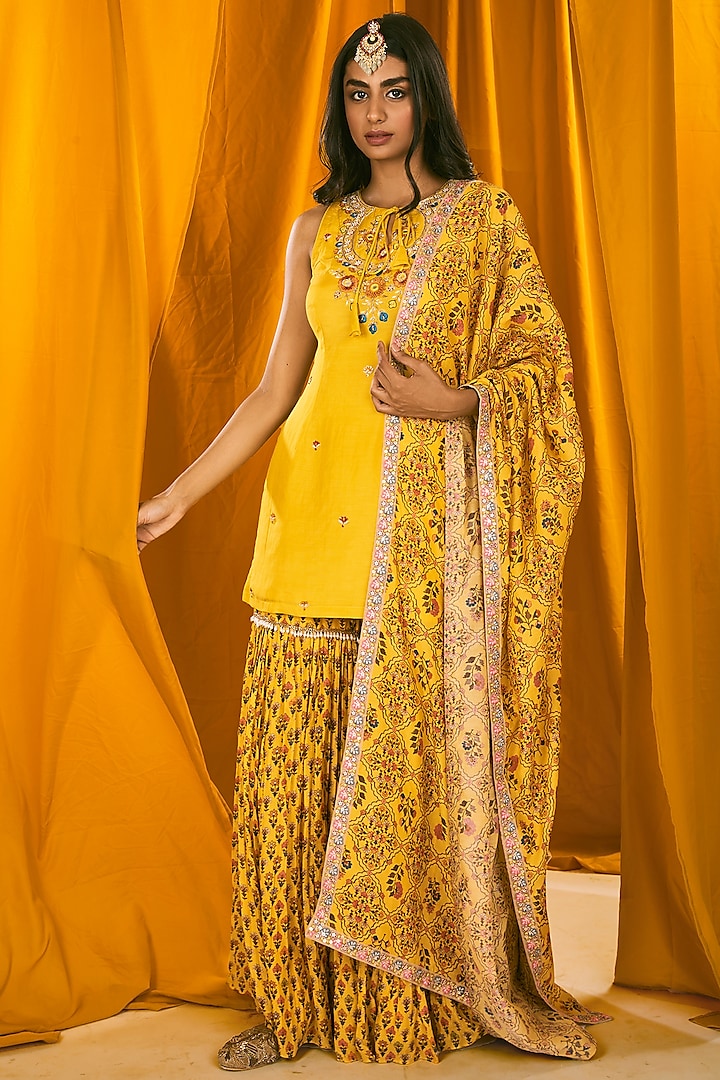 Yellow Silk Organza Printed Party Wear Sharara Set by NE'CHI at Pernia's Pop Up Shop