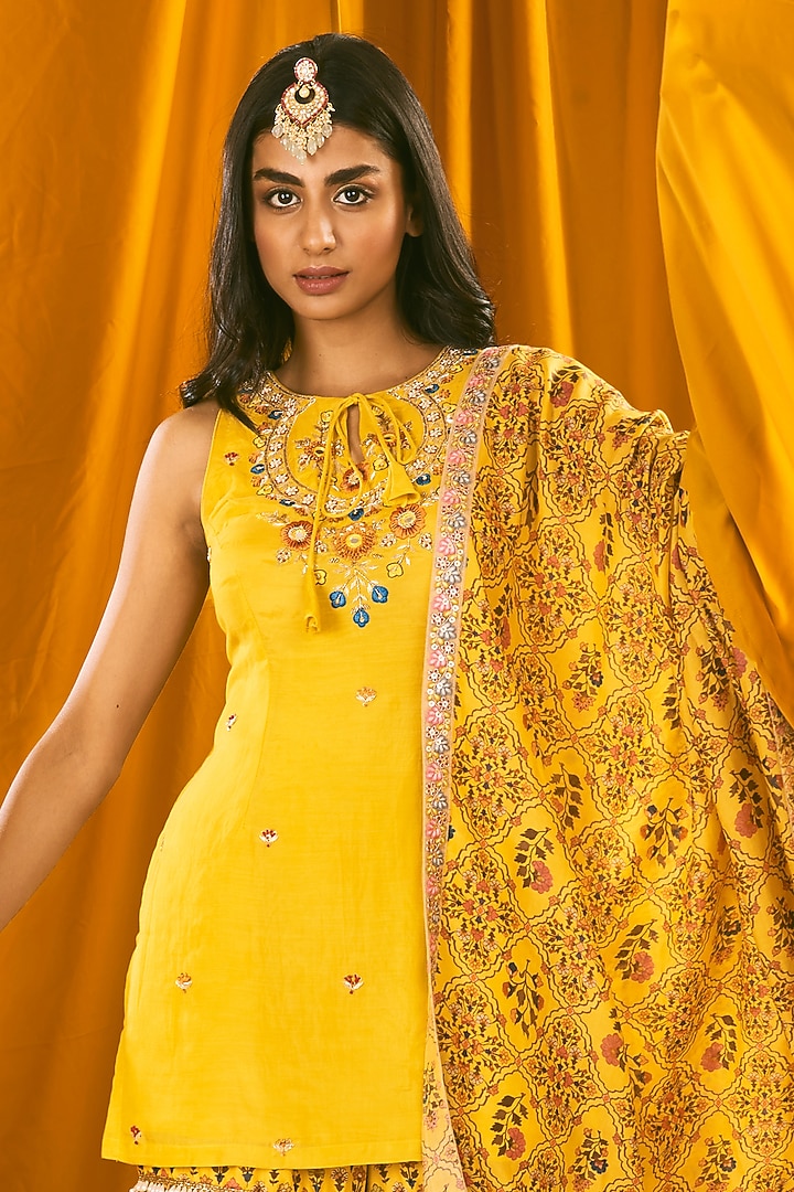 Yellow Silk Organza Printed Party Wear Sharara Set by NE'CHI at Pernia's Pop Up Shop