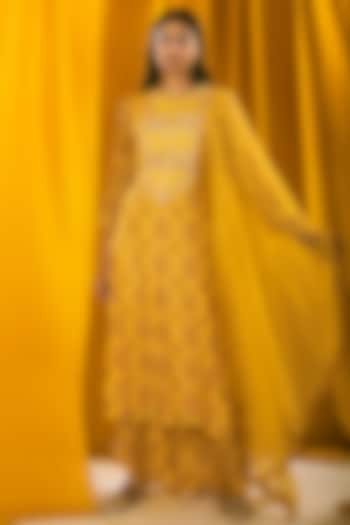 Yellow Silk Organza Printed & Resham Embroidered Kurta Set by NE'CHI