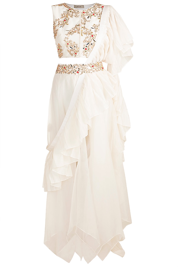 White Embroidered Blouse With Pants, Dupatta & Belt by NE'CHI