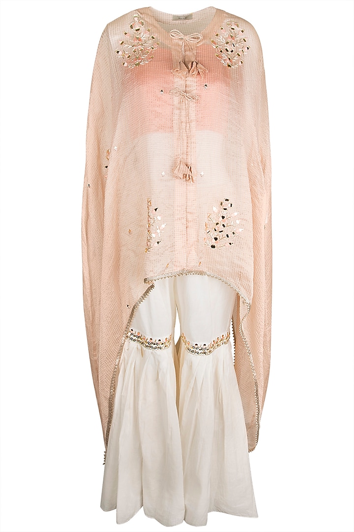 Peach Embroidered Cape With Crop Top & Pants by NE'CHI