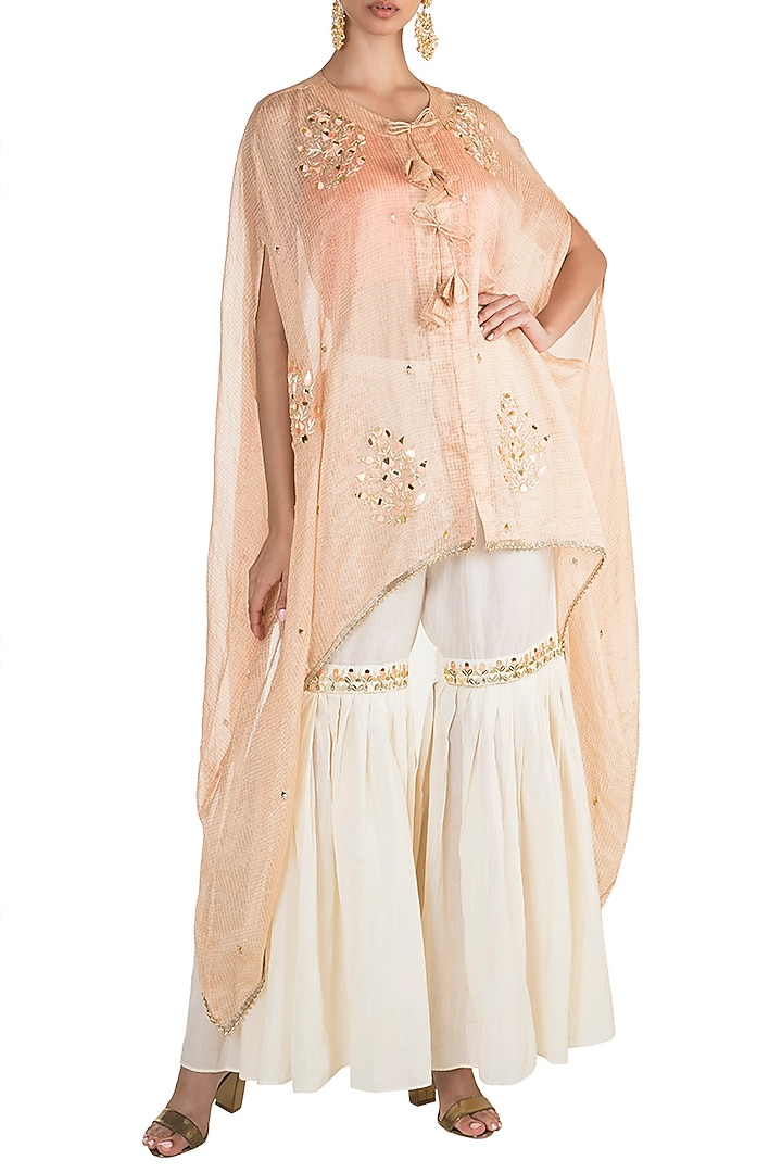Peach Embroidered Cape With Crop Top & Pants by NE'CHI at Pernia's Pop Up Shop