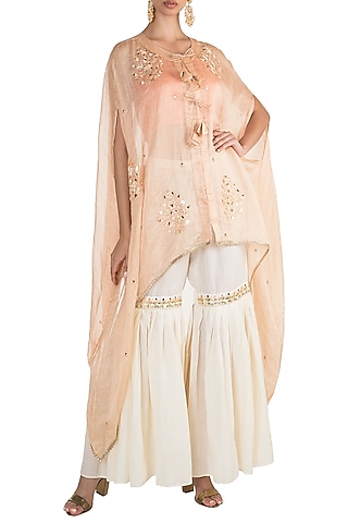 Peach Embroidered Cape With Crop Top & Pants by NE'CHI