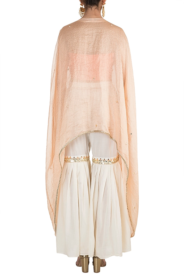 Peach Embroidered Cape With Crop Top & Pants by NE'CHI at Pernia's Pop Up Shop