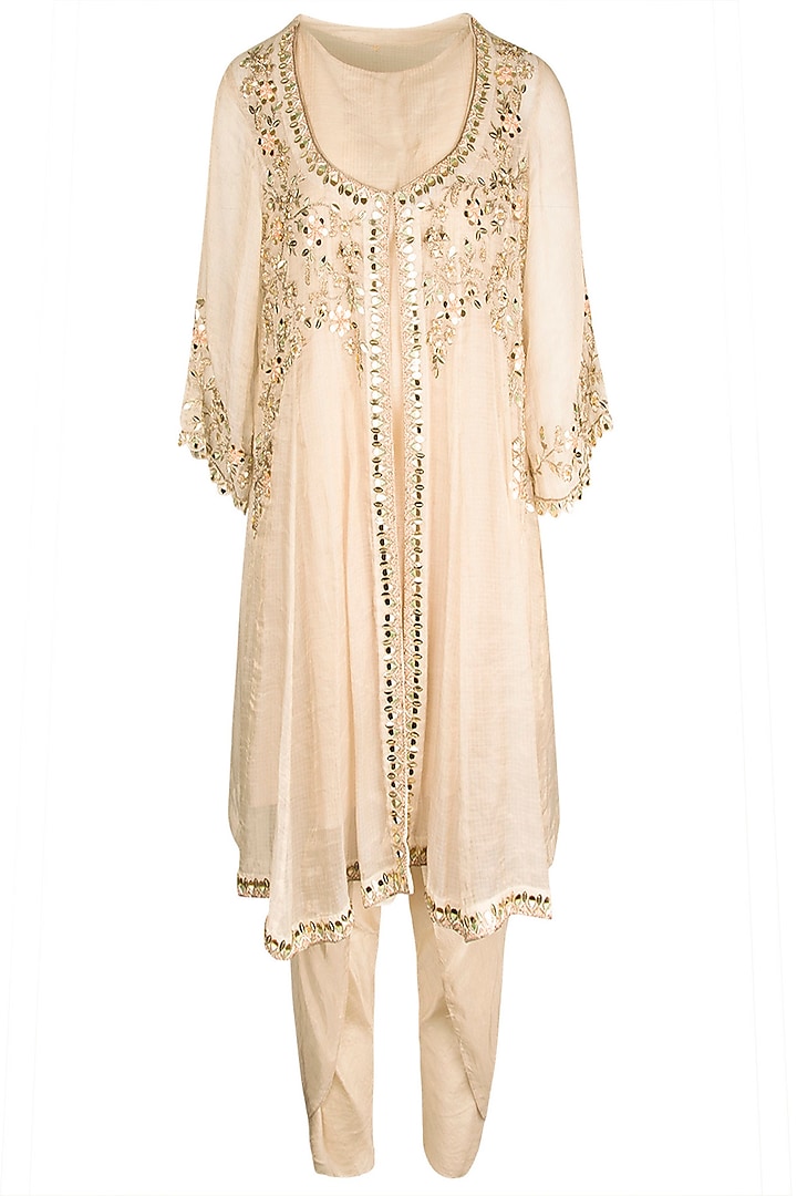 Beige Embroidered Kalidar Jacket With Dhoti Pants & Inner by NE'CHI