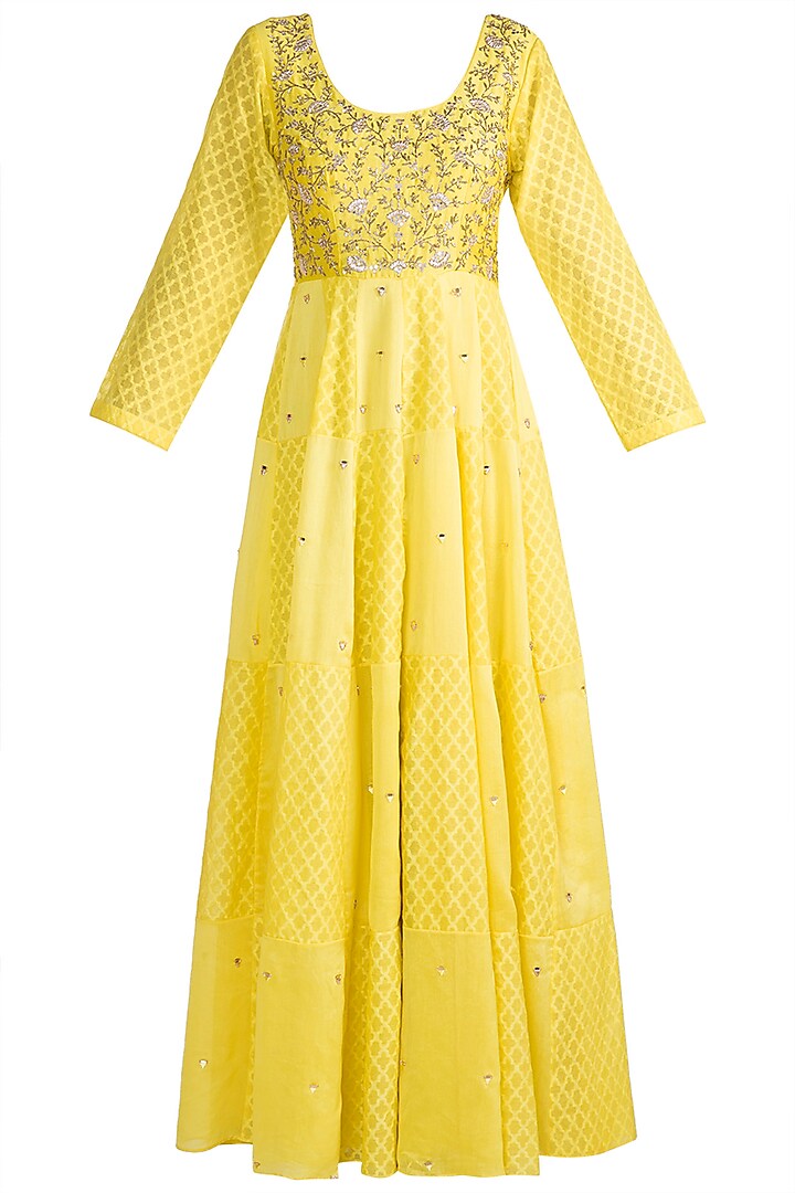Yellow Gown With Ruffled Dupatta by NE'CHI