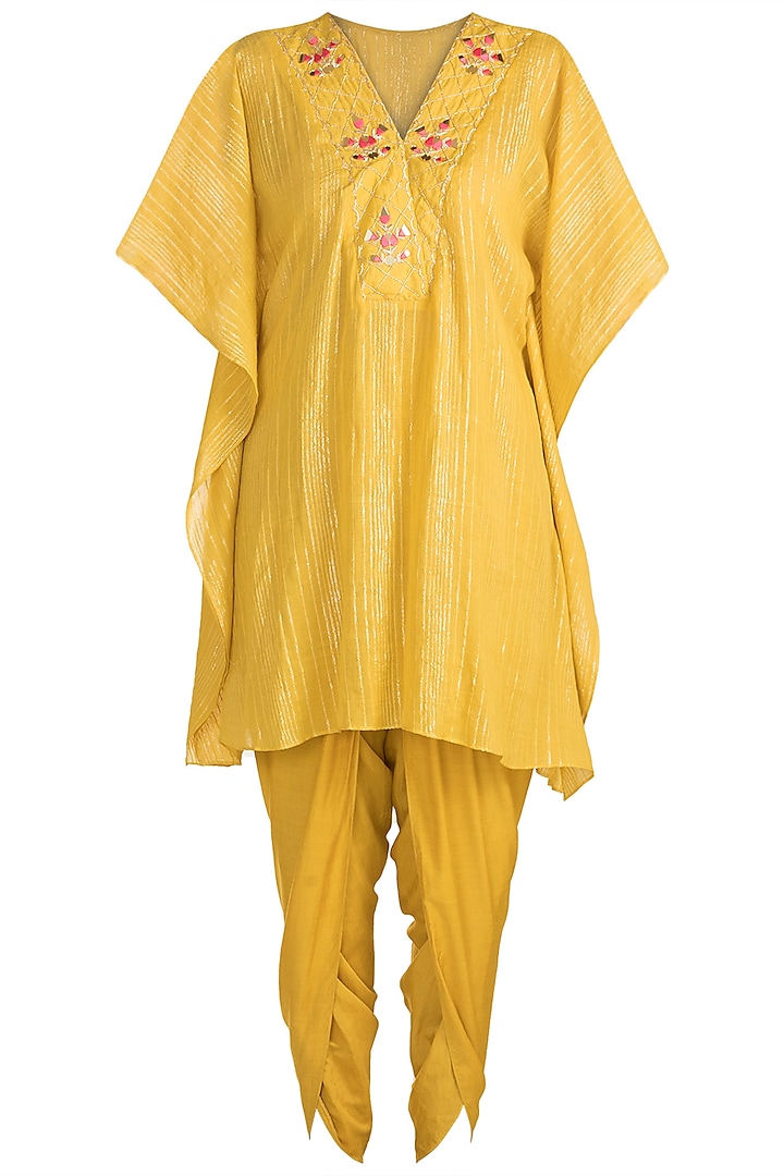 Mustard Yellow Embroidered Kaftan With Dhoti Pants by NE'CHI