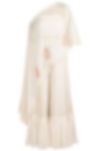 White Embroidered Cape With Crop Top & Pants by NE'CHI