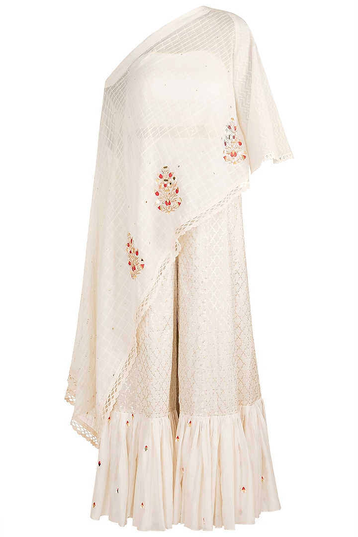 White Embroidered Cape With Crop Top & Pants by NE'CHI