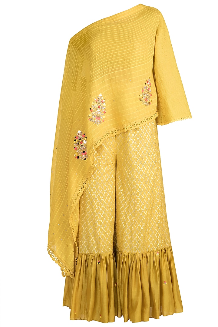 Mustard Yellow Embroidered Cape With Crop Top & Pants by NE'CHI
