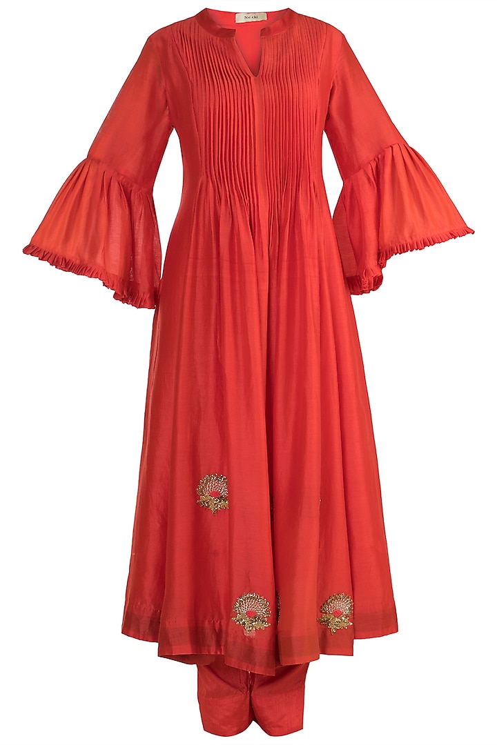 Red Embroidered Pleated Kurta With Pants by NE'CHI