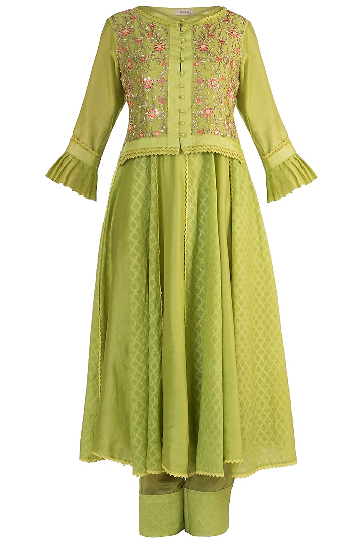 Emerald Green Embroidered Kalidar Kurta With Attached Koti & Pants by NE'CHI