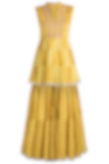 Mustard Yellow Embroidered Peplum Kurta With Sharara Pants by NE'CHI