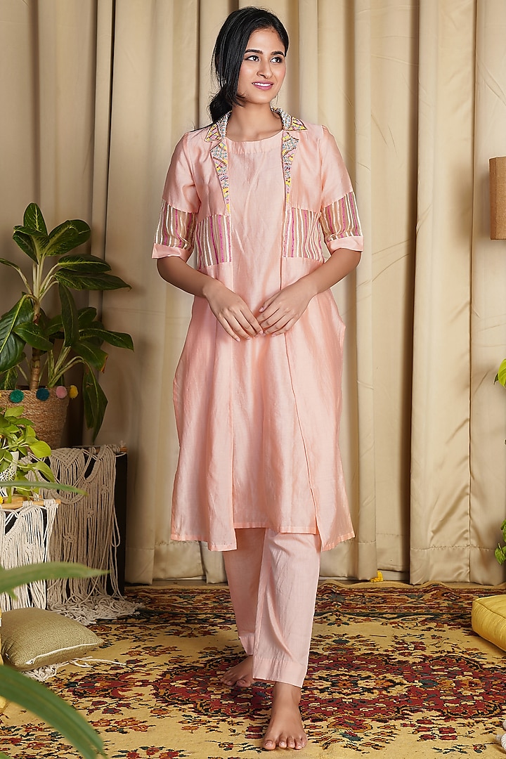 Peach Embroidered Jacket Set by Ne'Chi