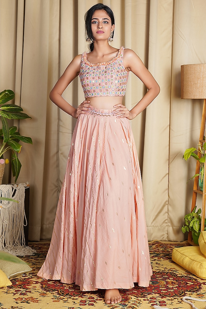 Peach Embroidered Skirt Set by Ne'Chi
