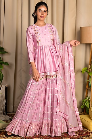 Mauve Embroidered Sharara Set by Ne'Chi