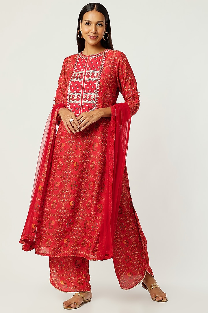 Red Printed Kurta Set by NE'CHI