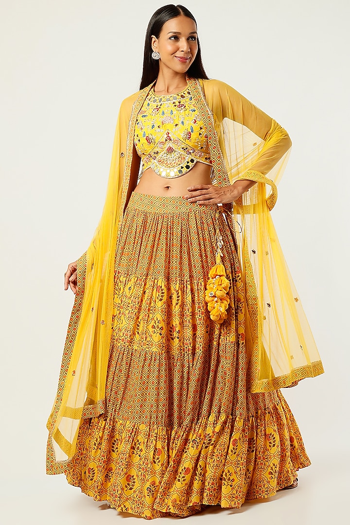 Yellow Floral Printed Wedding Lehenga Set by NE'CHI at Pernia's Pop Up Shop