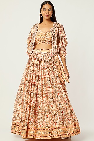 Peach Printed Jacket Lehenga Set by NE'CHI