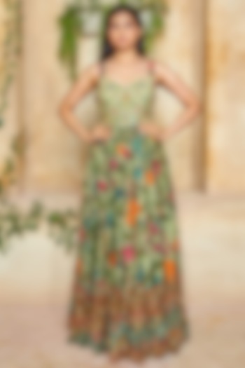 Faded Green Hand Embroidered Maxi Dress by NE'CHI