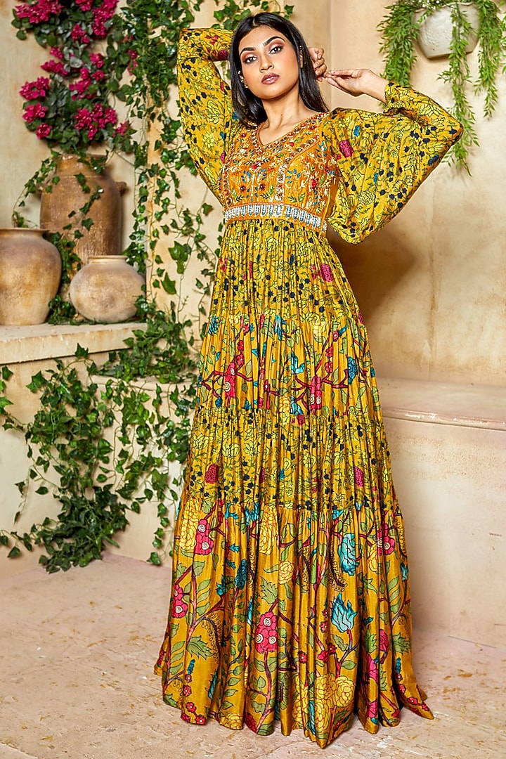 Mustard Hand Embroidered Maxi Vacation Dress by NE'CHI at Pernia's Pop Up Shop