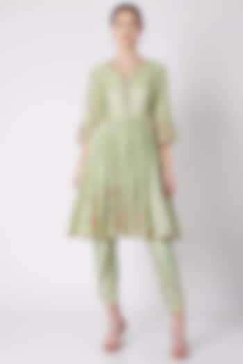 Mint Green Embroidered Tunic With Dhoti Pants by NE'CHI