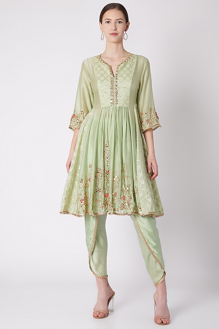 Mint Green Embroidered Tunic With Dhoti Pants by NE'CHI