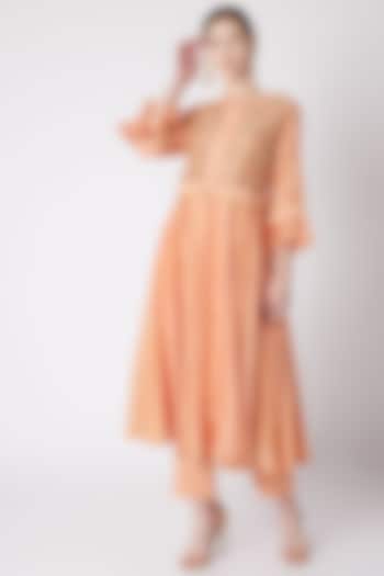 Peach Embroidered Kurta With Attached Jacket & Pants by NE'CHI