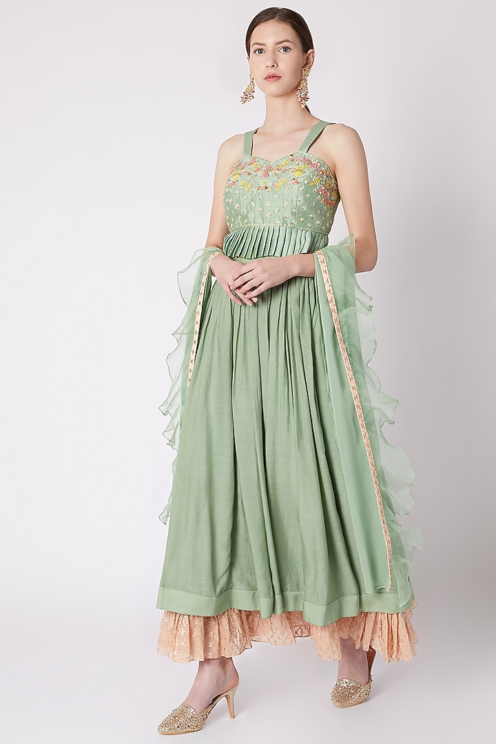 Mint Green Embroidered Skirt Set by NE'CHI