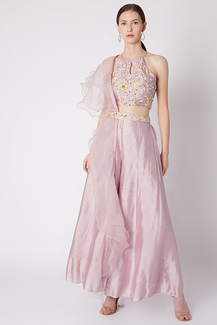 Mauve Embroidered Blouse With Pants & Sash by NE'CHI