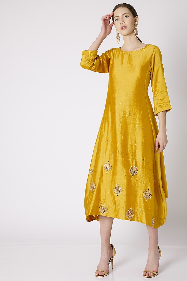 Mustard Embroidered Cowl Tunic by NE'CHI