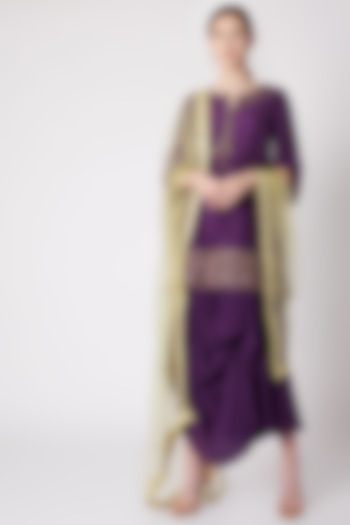 Purple Embroidered Draped Skirt Set by NE'CHI