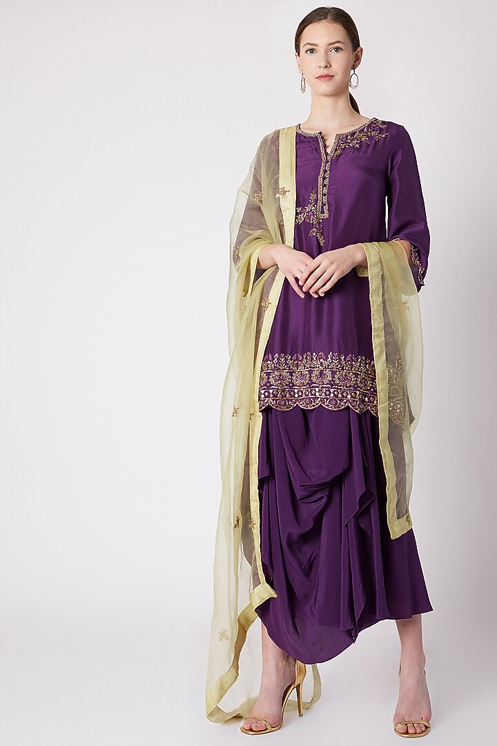 Purple Embroidered Draped Skirt Set by NE'CHI at Pernia's Pop Up Shop